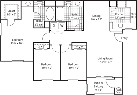 A floor plan of a house with a living room, two bedrooms, a kitchen, a dining room, a bathroom, and a closet.